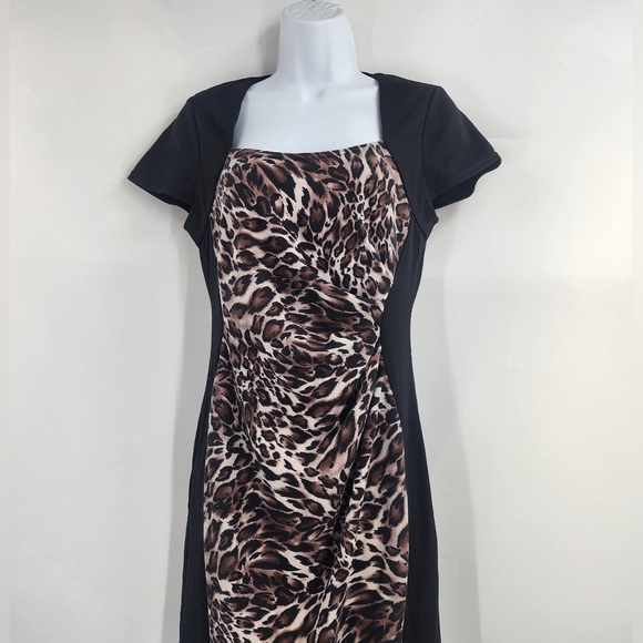 WOMENS RED HERRING US 6 UK10  BLACK MIX LEOPARD PRINT STRETCH BODYCON MIDI DRESS - Picture 2 of 10